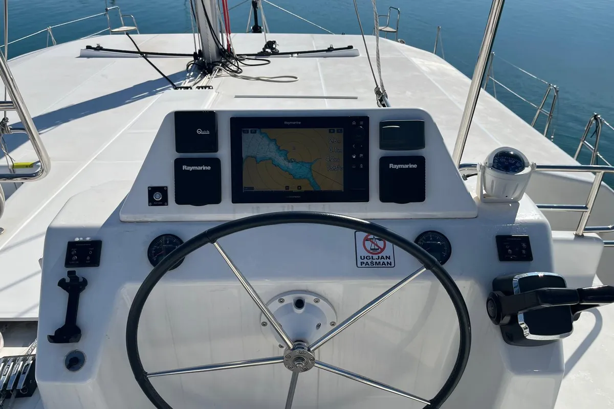 Cockpit of Dreamland, a Dufour 48 Catamaran catamaran at Split, Croatia