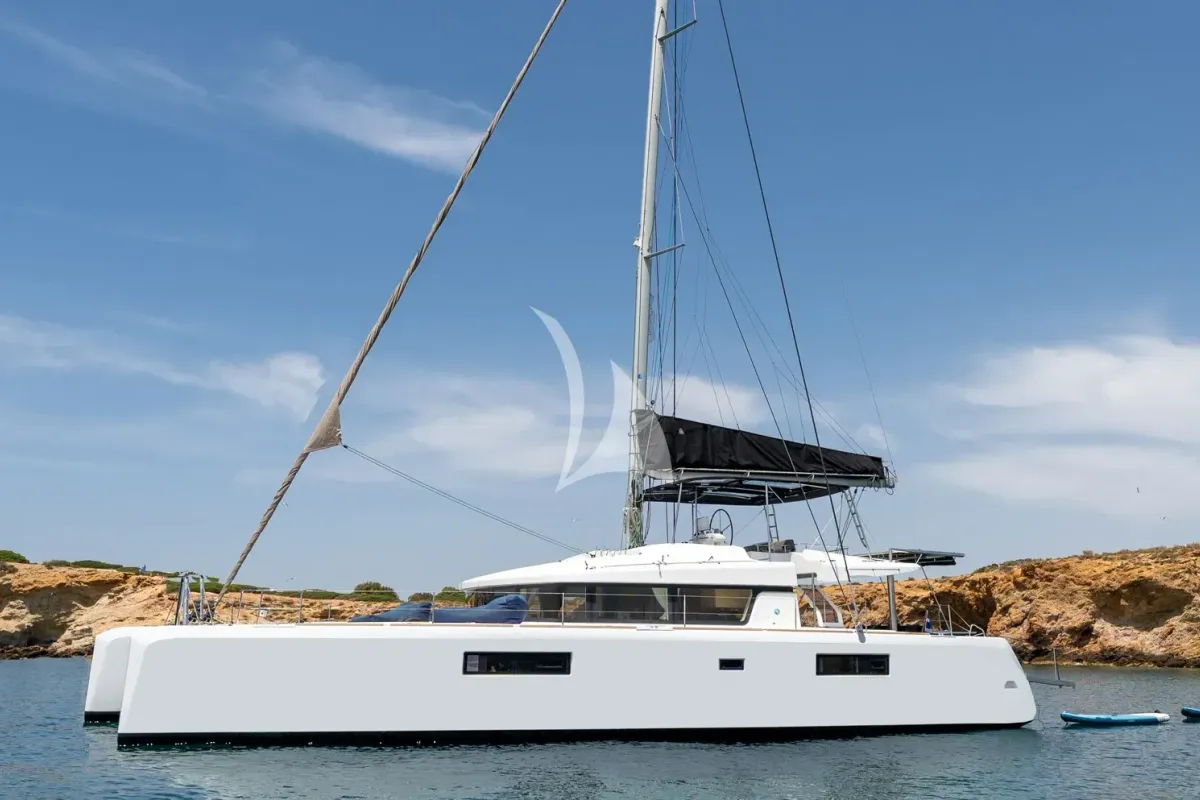 Exterior view of Baron, a Lagoon 52 catamaran at Athens, Greece