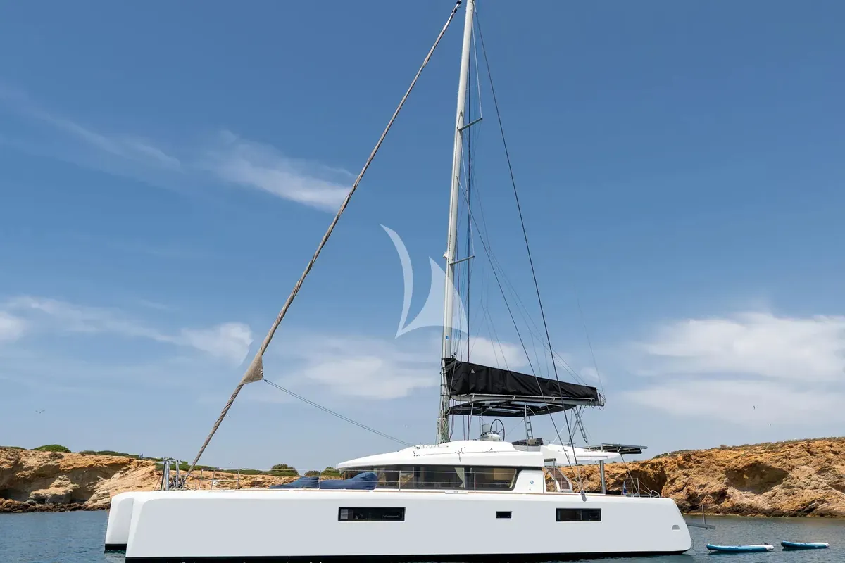 Exterior view of Baron, a Lagoon 52 catamaran at Athens, Greece