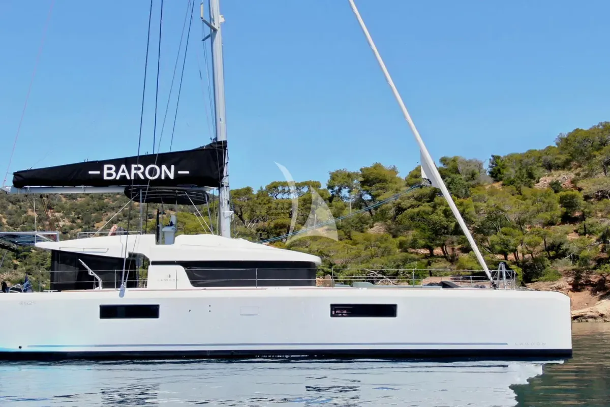 Exterior view of Baron, a Lagoon 52 catamaran at Athens, Greece