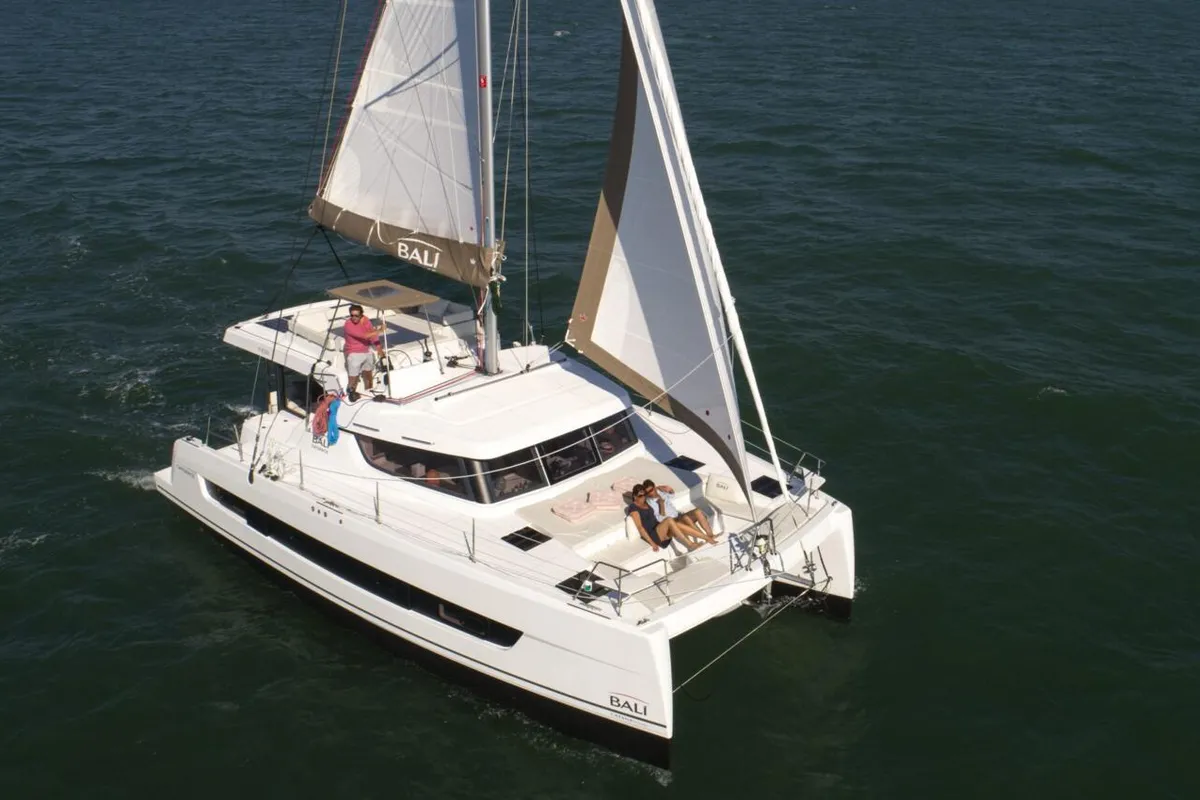 Exterior view of Turandot, a Bali Catspace catamaran at Sant Antoni de Portmany, Spain