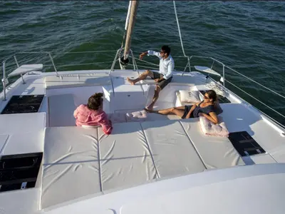 Deck of Turandot, a Bali Catspace catamaran at Sant Antoni de Portmany, Spain