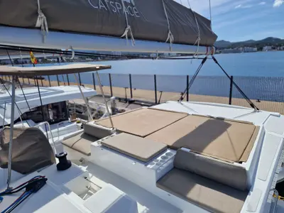 Cockpit of Turandot, a Bali Catspace catamaran at Sant Antoni de Portmany, Spain