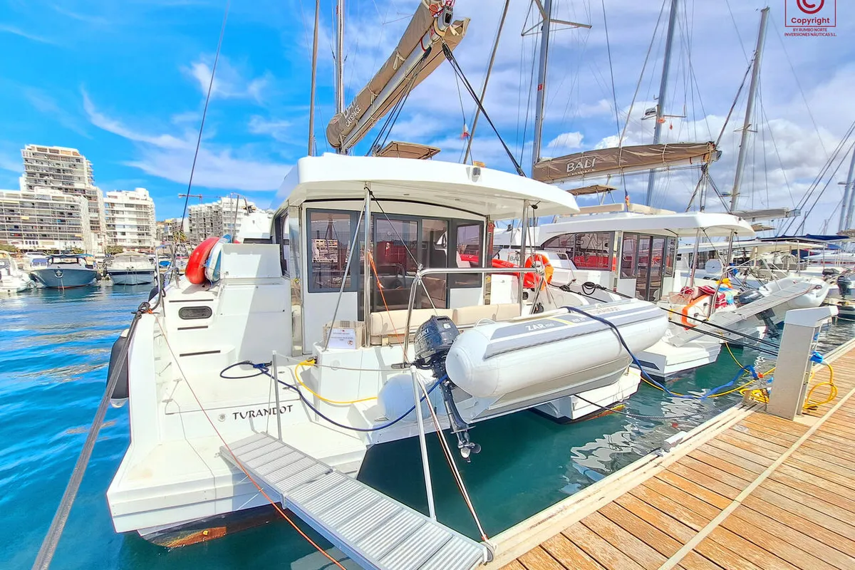 Exterior view of Turandot, a Bali Catspace catamaran at Sant Antoni de Portmany, Spain