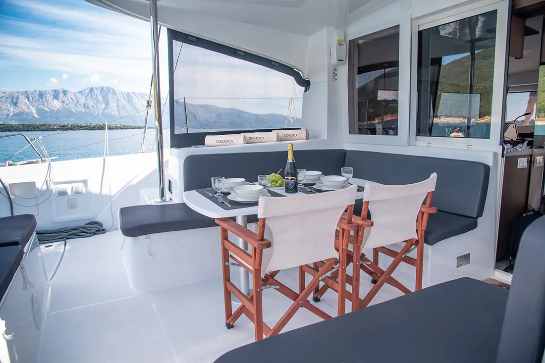 Deck of Trinacria, a Lagoon 40 catamaran at Municipal Unit of Anaktorio, Greece