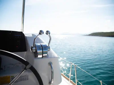 Cockpit of Trinacria, a Lagoon 40 catamaran at Municipal Unit of Anaktorio, Greece