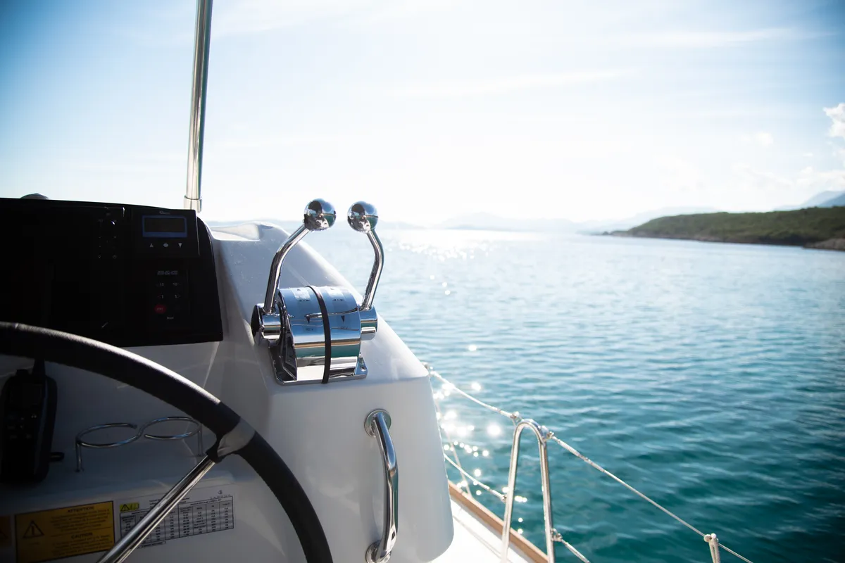 Cockpit of Trinacria, a Lagoon 40 catamaran at Municipal Unit of Anaktorio, Greece