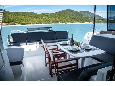 Deck of Trinacria, a Lagoon 40 catamaran at Municipal Unit of Anaktorio, Greece