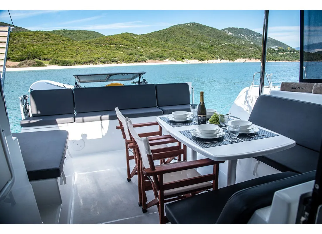 Deck of Trinacria, a Lagoon 40 catamaran at Municipal Unit of Anaktorio, Greece