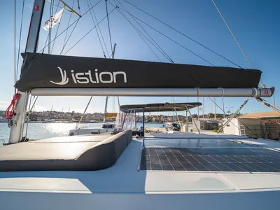 Deck of Alma Breeze, a Lagoon 38 catamaran at Kos, Greece