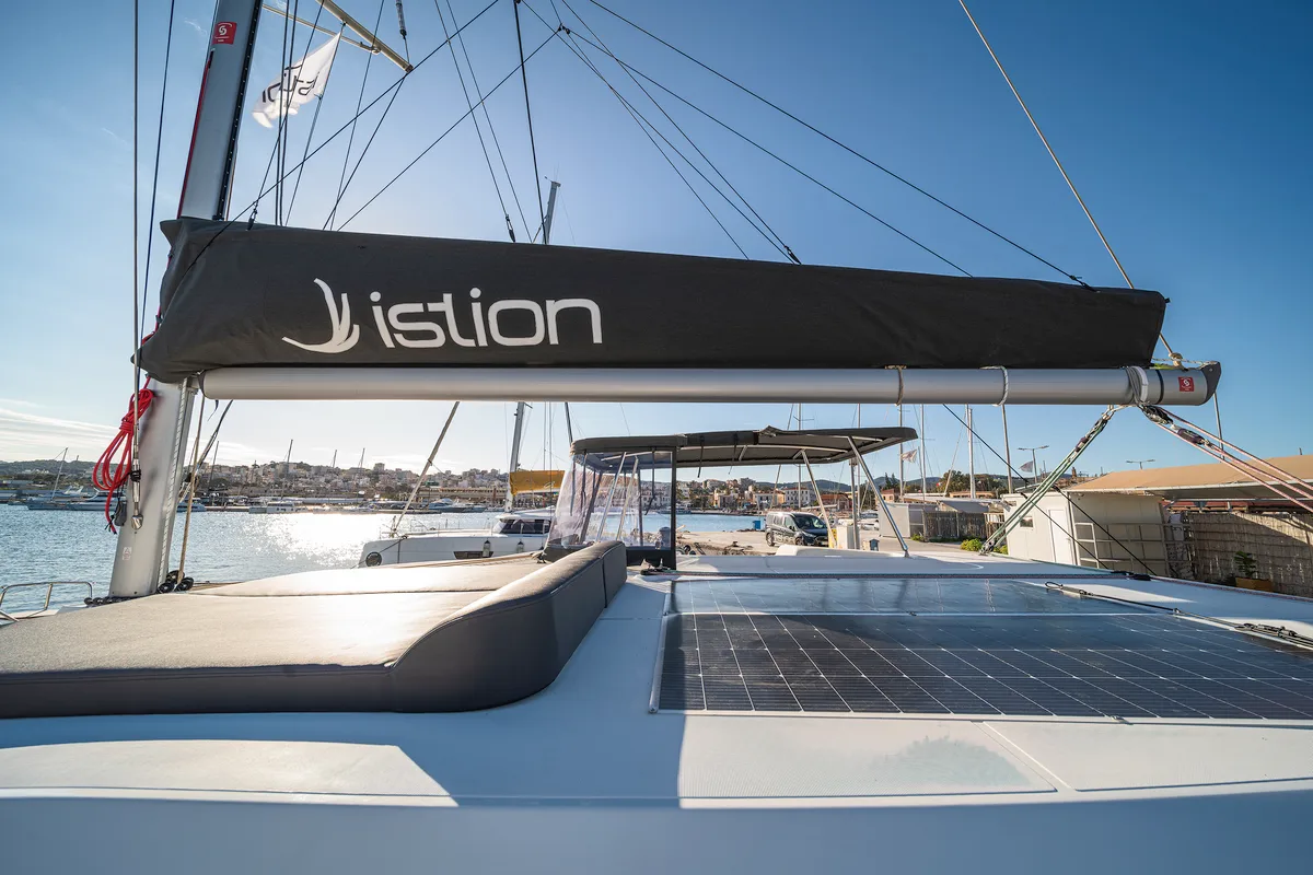 Deck of Alma Breeze, a Lagoon 38 catamaran at Kos, Greece