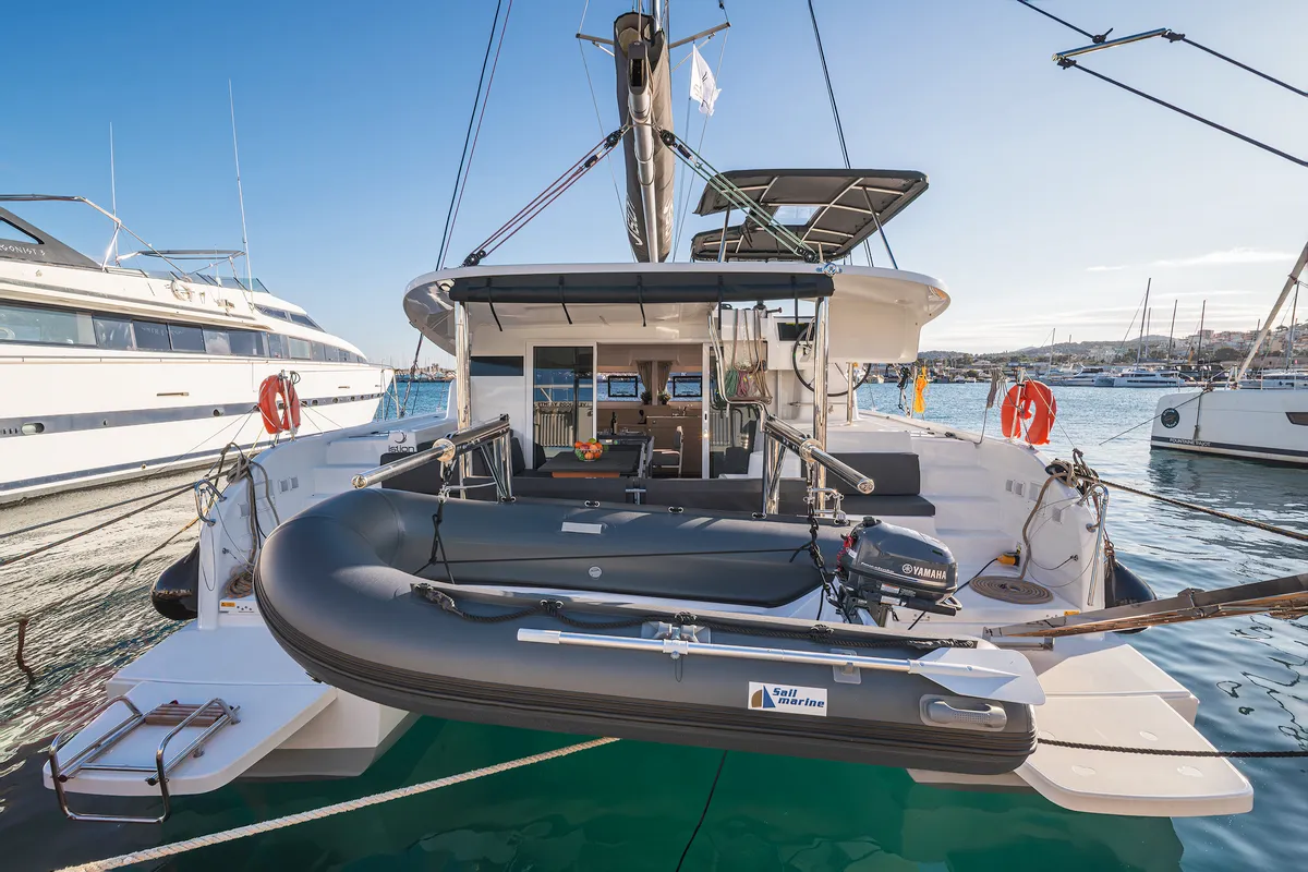 Exterior view of Alma Breeze, a Lagoon 38 catamaran at Kos, Greece