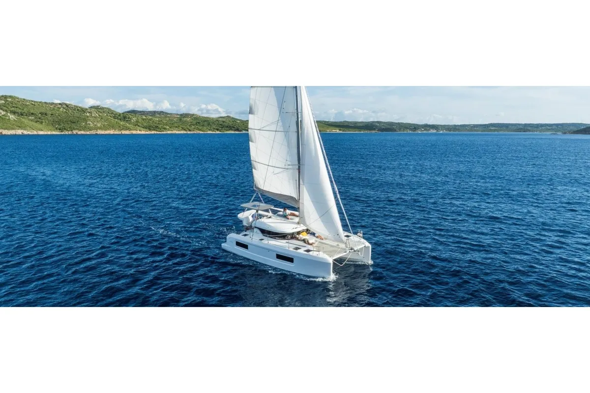 Exterior view of Alma Breeze, a Lagoon 38 catamaran at Kos, Greece