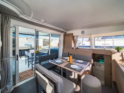 Salon of Alma Breeze, a Lagoon 38 catamaran at Kos, Greece