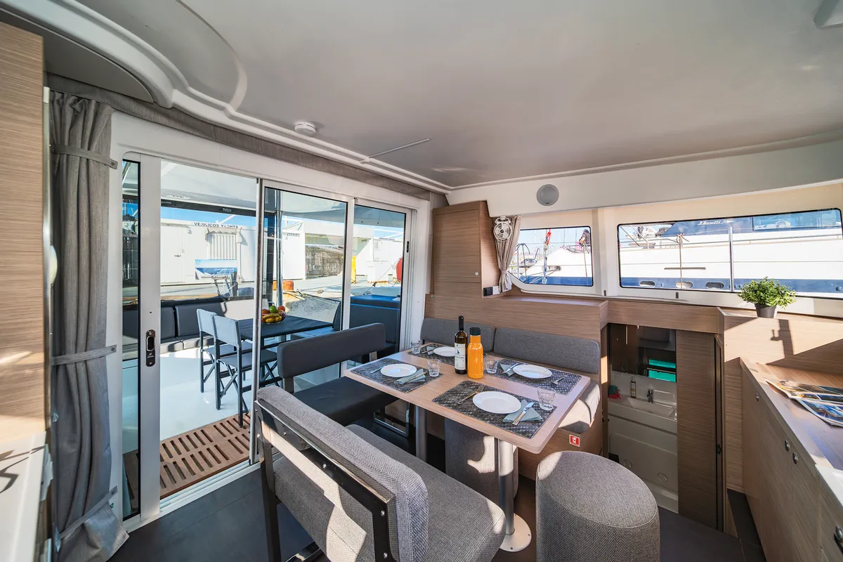 Salon of Alma Breeze, a Lagoon 38 catamaran at Kos, Greece