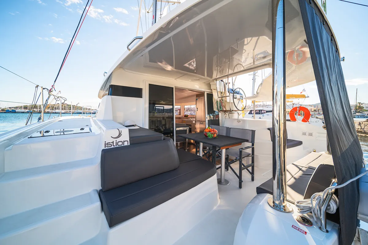 Deck of Alma Breeze, a Lagoon 38 catamaran at Kos, Greece