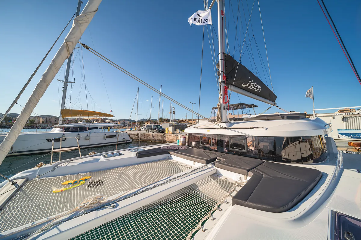 Deck of Alma Breeze, a Lagoon 38 catamaran at Kos, Greece