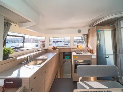 Galley of Alma Breeze, a Lagoon 38 catamaran at Kos, Greece
