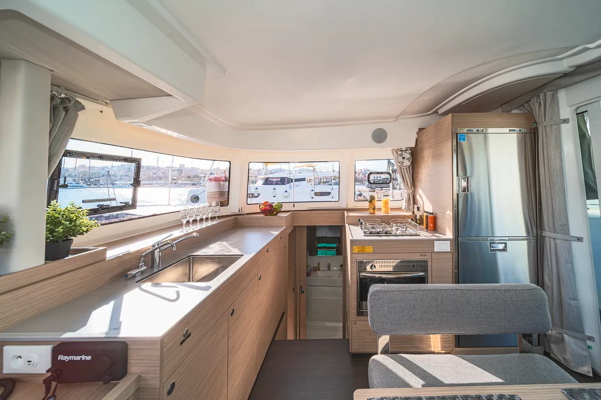 Galley of Alma Breeze, a Lagoon 38 catamaran at Kos, Greece