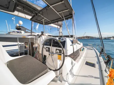 Cockpit of Alma Breeze, a Lagoon 38 catamaran at Kos, Greece