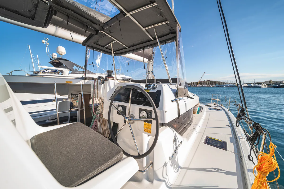 Cockpit of Alma Breeze, a Lagoon 38 catamaran at Kos, Greece