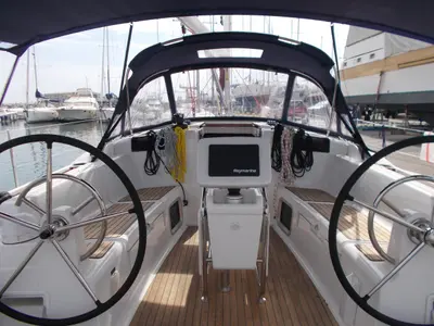 Cockpit of Dark Eyes, a Jeanneau Sun Odyssey 419 sailboat at Figari/Golfo Aranci, Italy