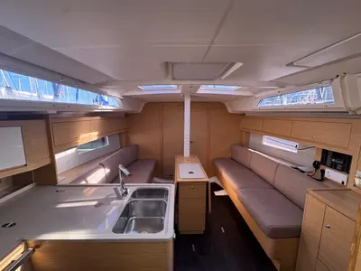 Salon of Thais, a Dufour 37 sailboat at La Rochelle, France