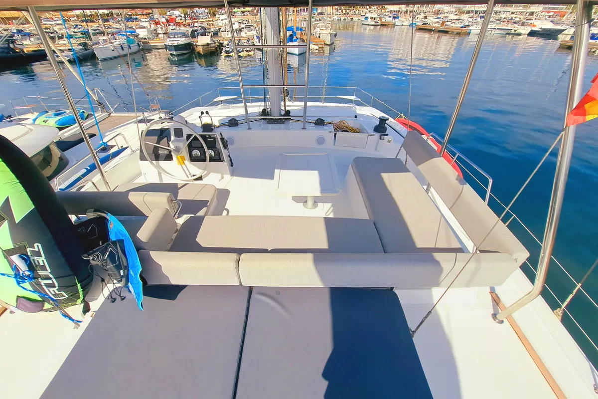 Deck of LOBA DO MAR, a Bali 4.6 catamaran at Sant Antoni de Portmany, Spain