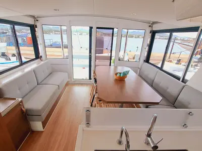 Salon of LOBA DO MAR, a Bali 4.6 catamaran at Sant Antoni de Portmany, Spain