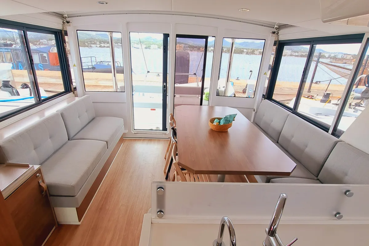 Salon of LOBA DO MAR, a Bali 4.6 catamaran at Sant Antoni de Portmany, Spain