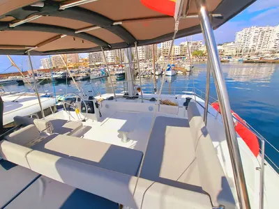 Cockpit of LOBA DO MAR, a Bali 4.6 catamaran at Sant Antoni de Portmany, Spain