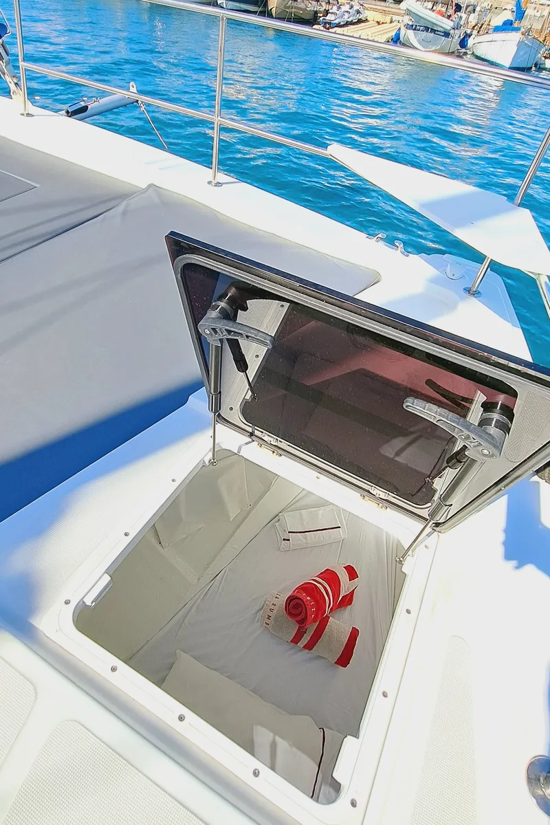 Deck of LOBA DO MAR, a Bali 4.6 catamaran at Sant Antoni de Portmany, Spain