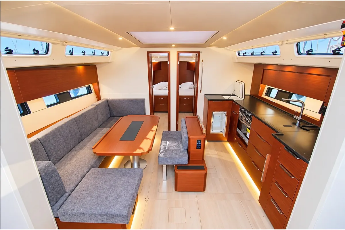 Salon of Captain K, a Hanse 460 sailboat at Athens, Greece
