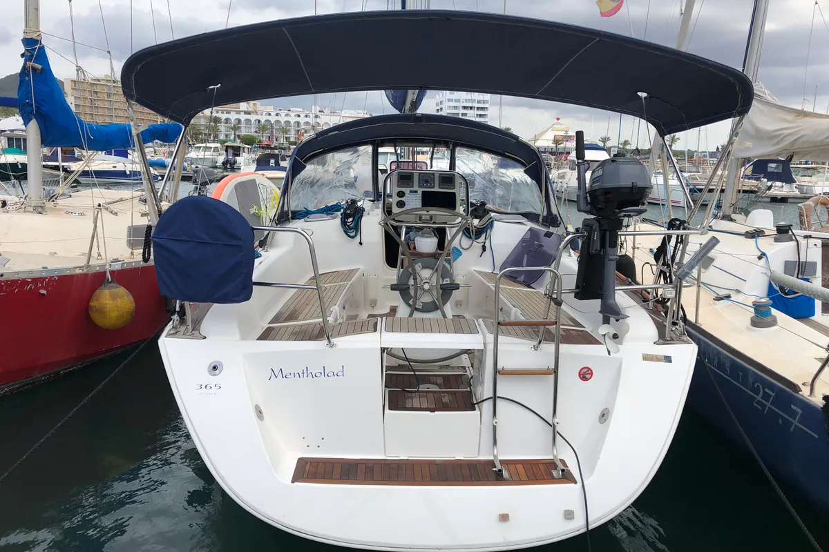 Exterior view of Mentholad, a Dufour 365 Grand Large sailboat at Sant Antoni de Portmany, Spain