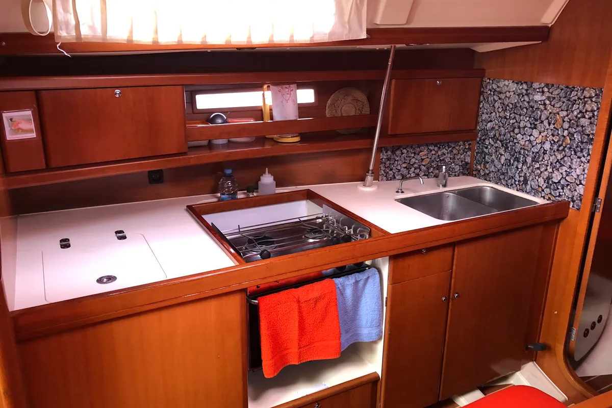 Galley of Mentholad, a Dufour 365 Grand Large sailboat at Sant Antoni de Portmany, Spain