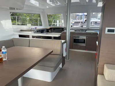 Salon of Imy Austral_X, a Bali Catspace catamaran at Road Town, British Virgin Islands