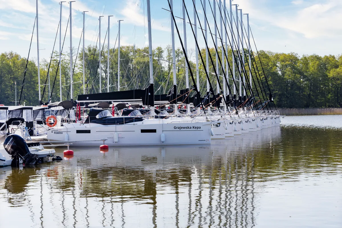 Exterior view of Wyspa Kormoranow, a Northman Maxus 34 sailboat at Sztynort, Poland
