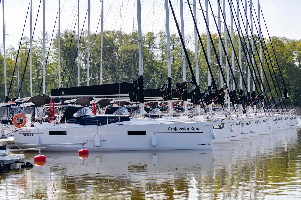 Exterior view of Wyspa Kormoranow, a Northman Maxus 34 sailboat at Sztynort, Poland