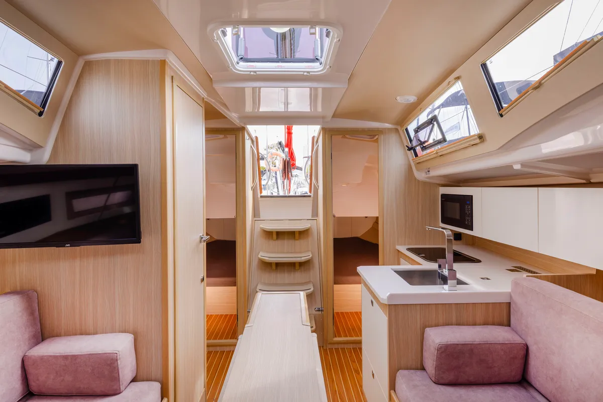 Salon of Wyspa Kormoranow, a Northman Maxus 34 sailboat at Sztynort, Poland
