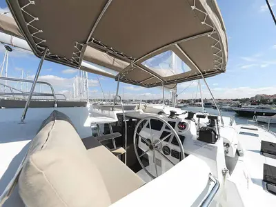 Cockpit of Fee, a Fountaine Pajot Saona 47 Quintet catamaran at Grad Biograd na Moru, Croatia