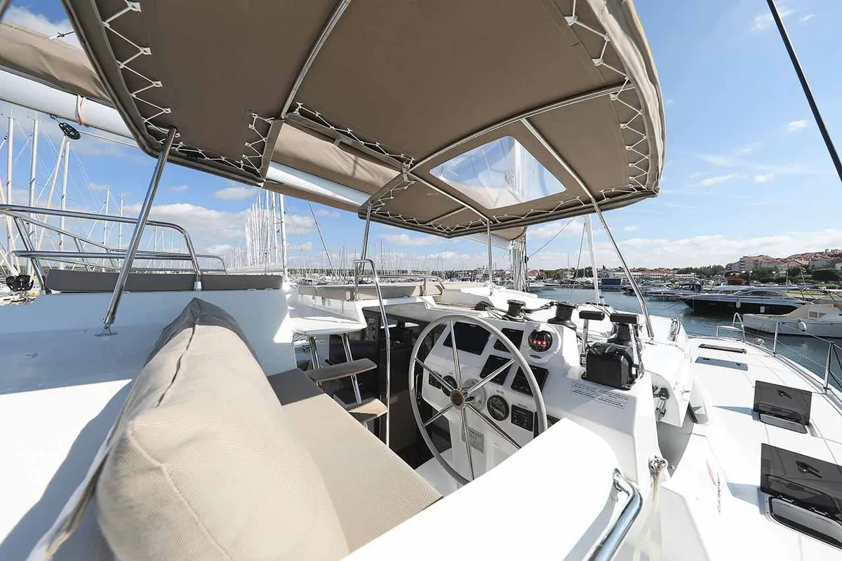 Cockpit of Fee, a Fountaine Pajot Saona 47 Quintet catamaran at Grad Biograd na Moru, Croatia