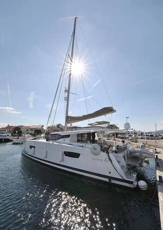 Exterior view of Fee, a Fountaine Pajot Saona 47 Quintet catamaran at Grad Biograd na Moru, Croatia
