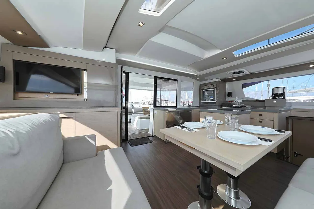 Salon of Fee, a Fountaine Pajot Saona 47 Quintet catamaran at Grad Biograd na Moru, Croatia