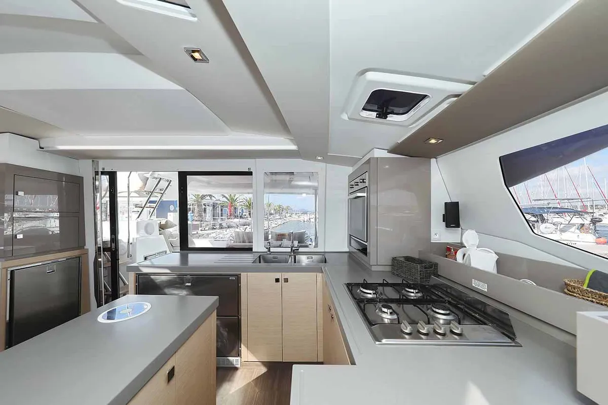 Galley of Fee, a Fountaine Pajot Saona 47 Quintet catamaran at Grad Biograd na Moru, Croatia