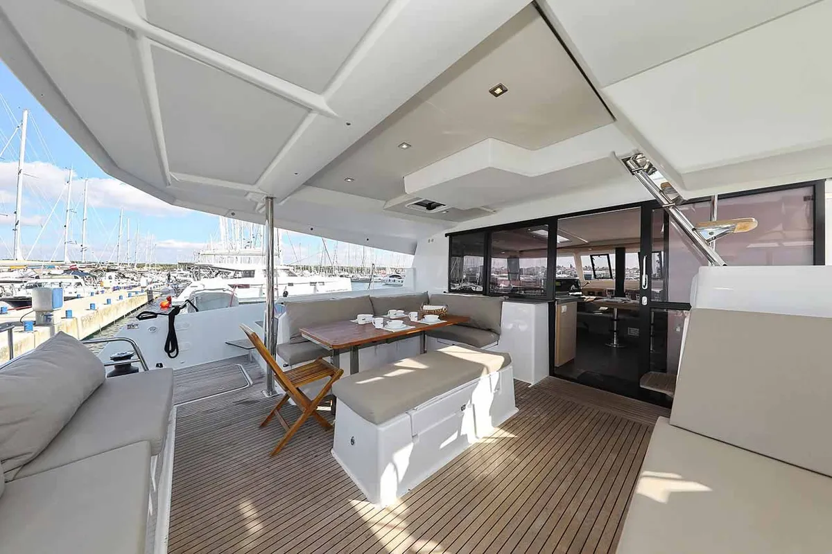 Deck of Fee, a Fountaine Pajot Saona 47 Quintet catamaran at Grad Biograd na Moru, Croatia