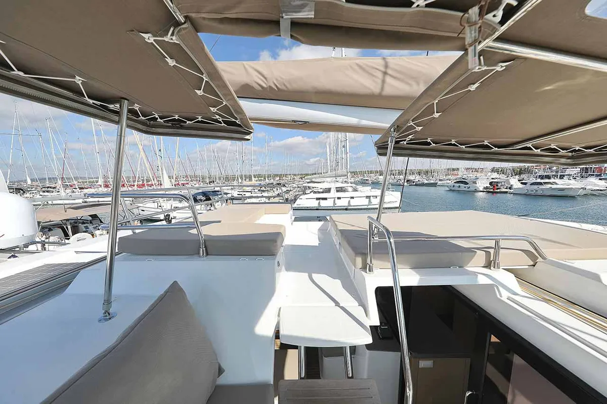 Deck of Fee, a Fountaine Pajot Saona 47 Quintet catamaran at Grad Biograd na Moru, Croatia