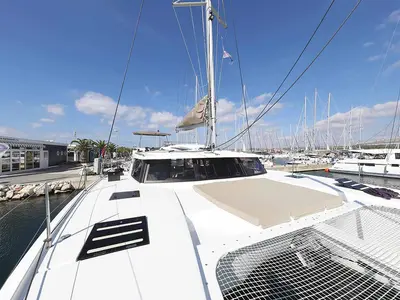 Deck of Fee, a Fountaine Pajot Saona 47 Quintet catamaran at Grad Biograd na Moru, Croatia