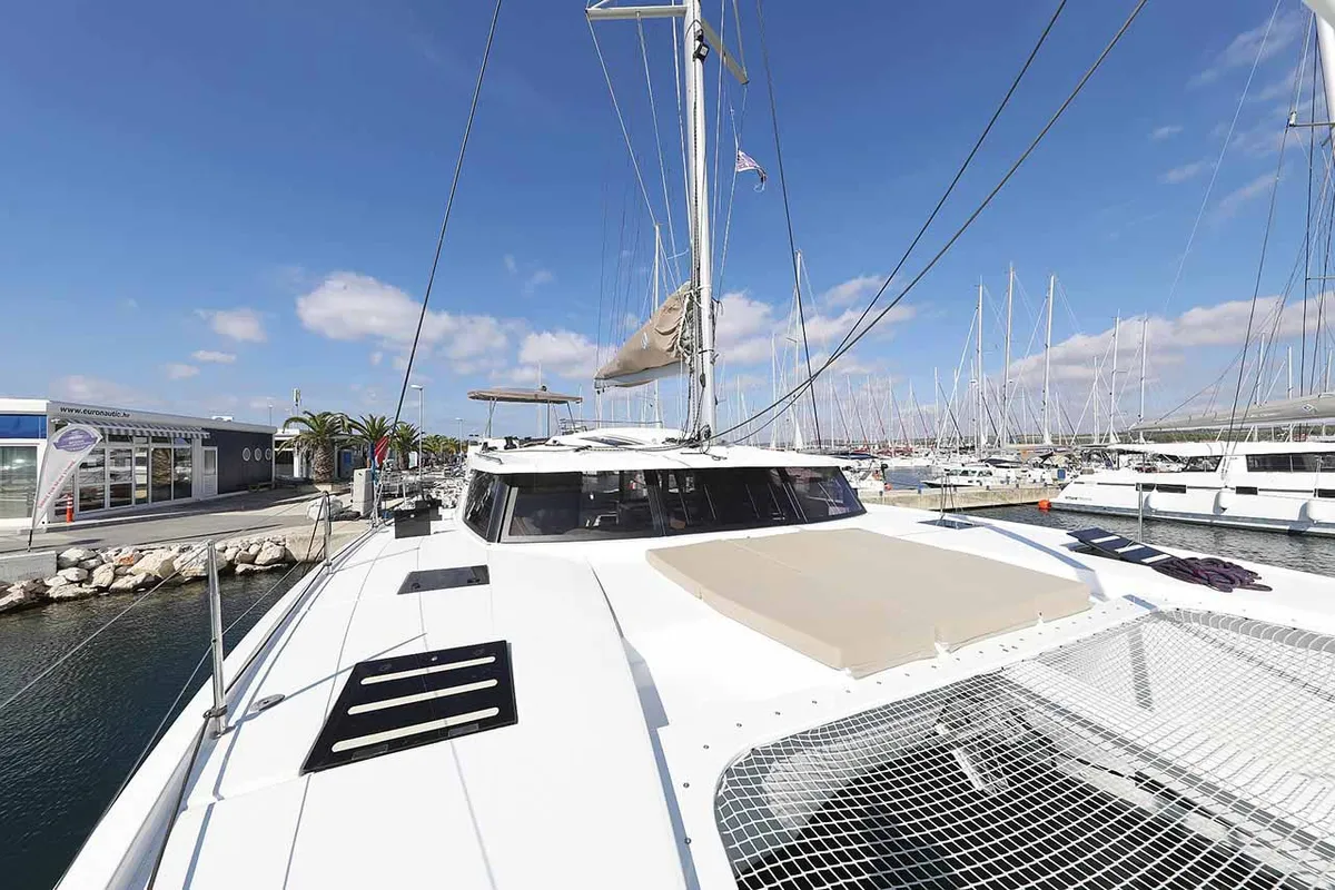 Deck of Fee, a Fountaine Pajot Saona 47 Quintet catamaran at Grad Biograd na Moru, Croatia