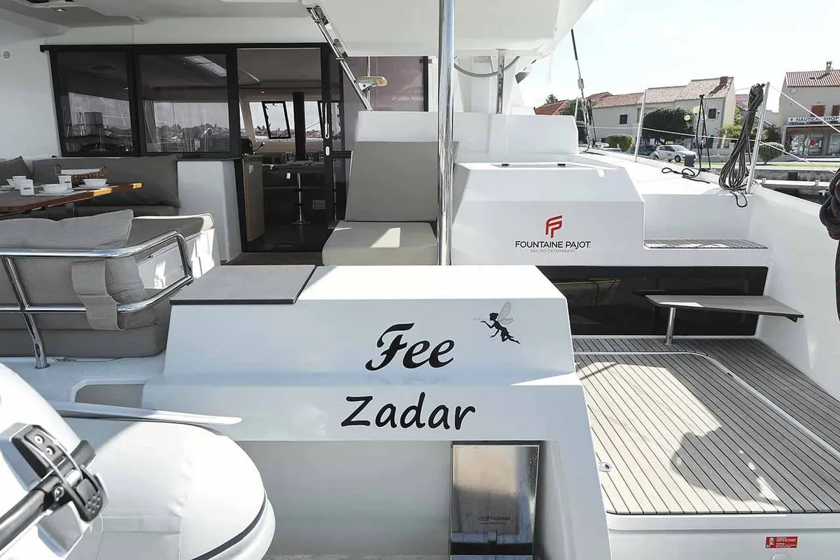 Deck of Fee, a Fountaine Pajot Saona 47 Quintet catamaran at Grad Biograd na Moru, Croatia