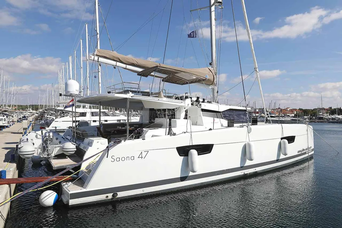 Exterior view of Fee, a Fountaine Pajot Saona 47 Quintet catamaran at Grad Biograd na Moru, Croatia